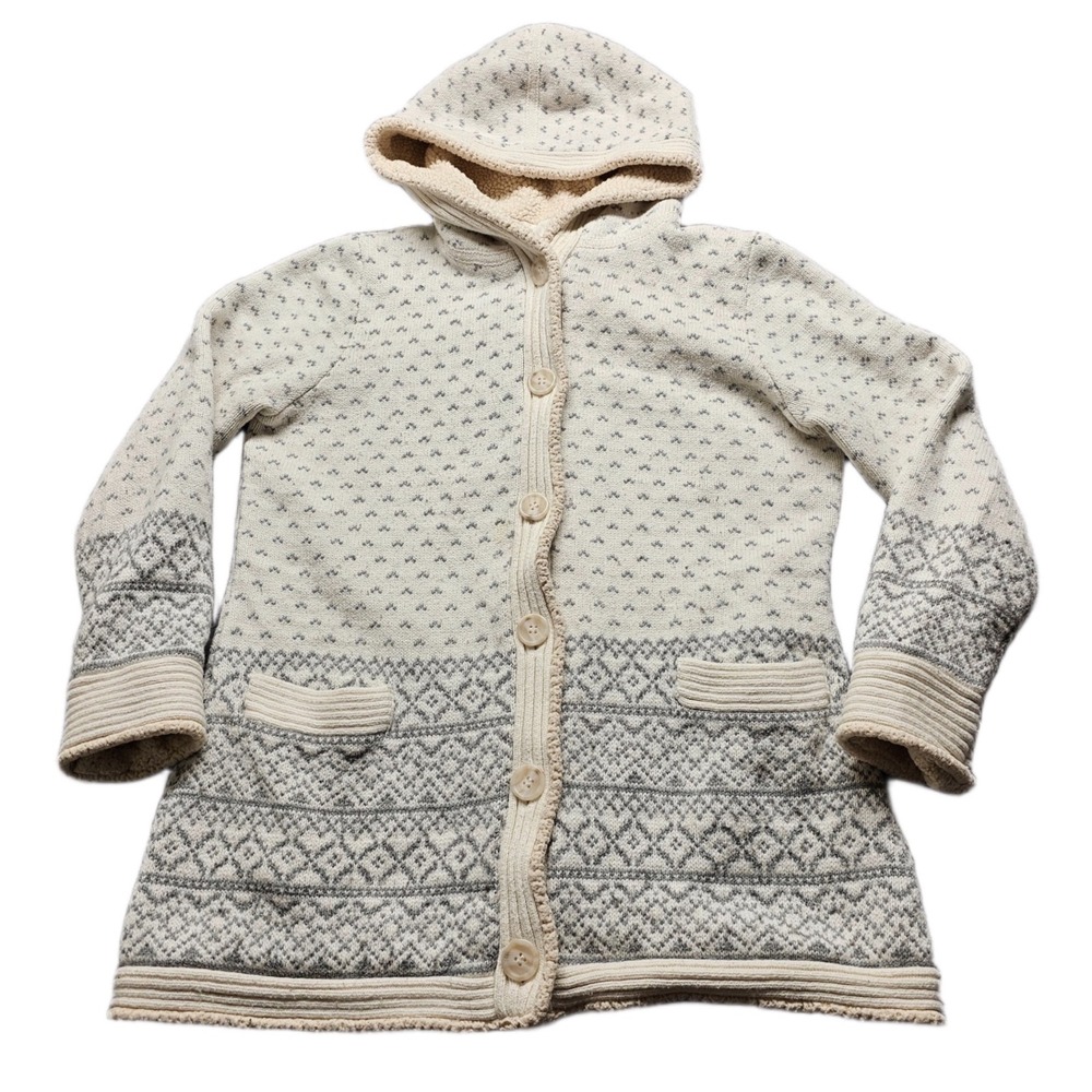 L.L. Bean Cardigan Womens Large Cream Knit Fair Isle Sherpa Fleece Lined Hooded